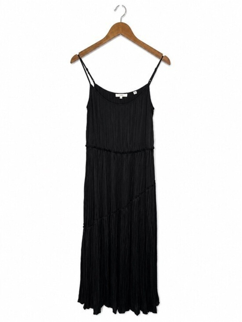 Vince Black Pleated Maxi XS Spaghetti Strap Tiered Asymmetrical Dress